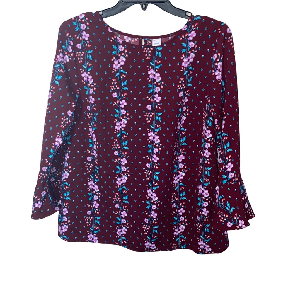 Old Navy Floral Blouse Bell Sleeves Burgundy Size Small